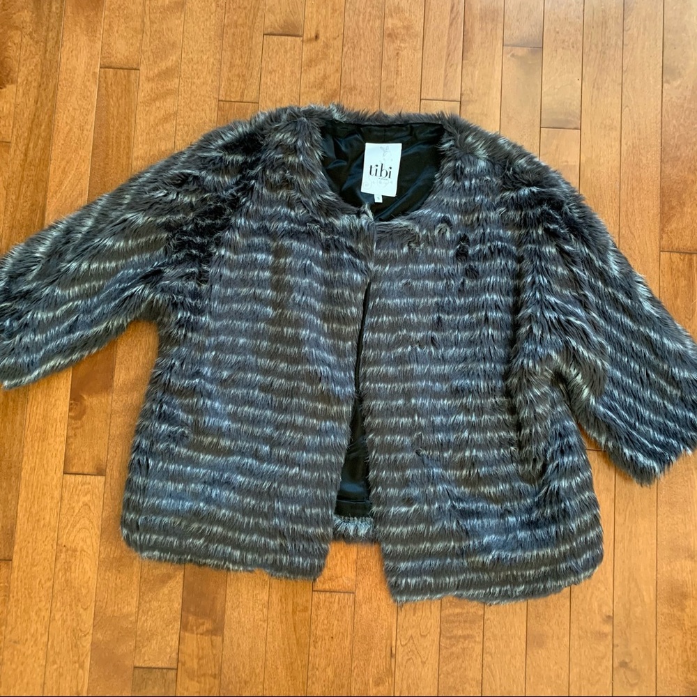 TIBI faux fur greyish purple stripe small